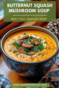 butternut squash mushroom soup in a black bowl