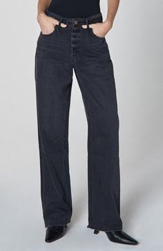 A baggy wide-leg silhouette lends laid-back charm to these high-waist jeans made from nonstretch denim in the perfect faded black wash. 32" inseam; 18" leg opening; 12 1/2" front rise; 15 1/2" back rise Zip fly with button closure Five-pocket style 100% cotton Machine wash, line dry Imported Chic Wide Leg Washed Black Flare Jeans, Chic Wide Leg Flare Jeans In Washed Black, Black Full Length Washed Jeans, Black Washed Full-length Jeans, Black Wide Leg Washed Jeans, Black Washed Wide Leg Jeans, Black Washed Mid-rise Flare Jeans, Black High-rise Washed Flare Jeans, Black High Rise Washed Flare Jeans