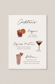 the cocktail menu is shown with different drinks