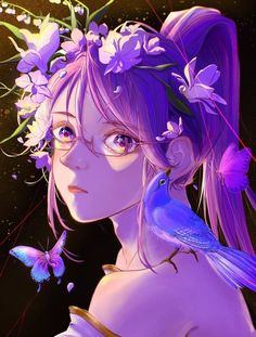 a girl with purple hair and flowers on her head is staring at a blue bird