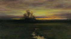 an oil painting of a sunset over a field with trees in the distance and water on the ground