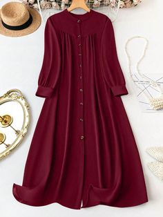 Plus Size Women's Solid Color Loose Fit Casual Long Sleeve One-Button Dress For Spring And Summer Burgundy Casual  Long Sleeve Woven Fabric Plain Smock Non-Stretch  Women Plus Clothing, size features are:Bust: ,Length: ,Sleeve Length: Solid Buttoned Dresses For Fall, Buttoned Dresses For Fall, Solid Fall Dress With Buttons, Fall Solid Color Dress With Buttons, Fall Solid Color Buttoned Dresses, Solid Knee-length Dress With Button Closure, Solid Color Long Sleeve Midi Dress With Buttons, Solid Shirt Dress With Buttons For Daywear, A-line Shirt Dress With Buttons For Fall