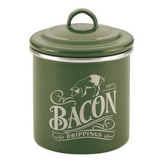 a green canister with the words bacon on it