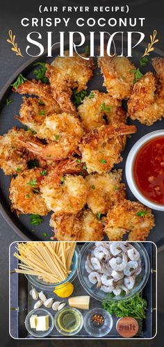 the cover of crispy coconut shrimp is shown with dipping sauces and other ingredients