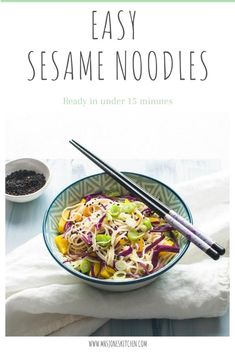 the cover of easy sesame noodles is shown with chopsticks in front of it