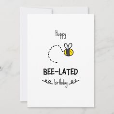 a birthday card with a cartoon bee flying through the air and happy lettering on it