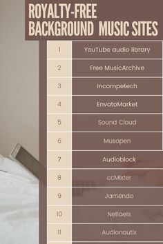 there is a bed with white sheets and brown text on the bottom right hand corner that says royalty free background music sites