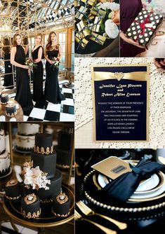 a collage of photos with black and gold wedding decorations, cake, and other items