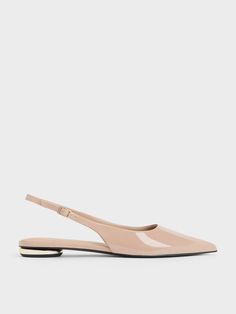 Versatile and polished, you can count on these slingback flats to instantly elevate any outfit you pair them with. Featuring classic pointed toes in wearable nude, they will elongate your frame for a flattering fit. For visual interest, metallic accents on the heels complement the glossy patent finish for an eye-catching element. With its sleek profile, let this pair of flats lend an air of sophistication to your well-worn wardrobe staples. Elegant Beige Flat Slingback Pumps, Beige Flat Slingback Pumps For Formal Occasions, Online Shopping Shoes, Wide Heels, Exclusive Shoes, Slingback Flats, Faux Leather Heels, Size Chart For Kids, Charles Keith