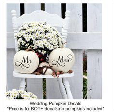 two pumpkins sitting on top of a white chair with daisies in the back