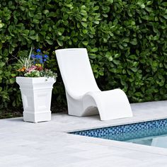 a white lawn chair next to a pool with flowers in it and a potted plant