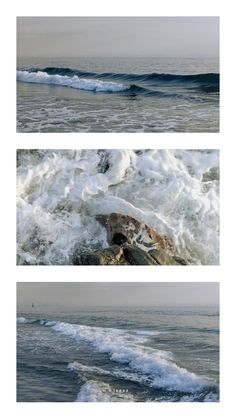 three different views of the ocean with waves