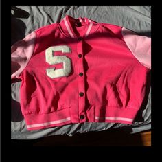 Brand New Never Worn Light Pink And Fuchsia Letterman Crop Jacket. Pink Varsity Winter Outerwear, Pink Varsity Outerwear For Winter, Pink Winter Varsity Jacket, Pink Long Sleeve Varsity Jacket For Winter, Pink Sporty Long Sleeve Outerwear, Trendy Pink Outerwear For College, Sporty Pink Outerwear For College, Pink Varsity Long Sleeve Outerwear, Pink Winter Varsity Jacket For College