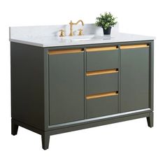 a bathroom vanity with marble top and gold handles on the sink, next to a potted plant