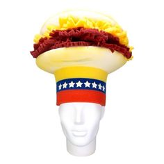 This Arepa Venezuela Hat will definitely make you stand out at your next Party, Hora Loca, Wedding, Corporate Event, Birthday, Quinceanera, or Halloween Party! It can be used as a wedding hats, top hats, photo booth props, or a party favor. Novelty Summer Party Costume Hats And Headpieces, Novelty Party Costume Hats And Headpieces, Summer Party Novelty Costume Hats, Novelty Costume Hats And Headpieces For Summer Party, Novelty Costume Hats And Headpieces For Parties, Novelty Hats For Carnival Themed Events, Fun Party Costume Cap, Novelty Hat For Carnival, Novelty Carnival Costume Hat