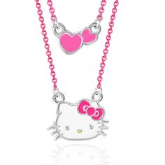 two hello kitty necklaces with pink hearts on the front and one in the back