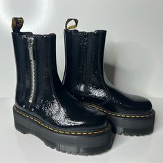 New Without Box/Tags. Distressed Patent Has A Worn-In, Cracked Appearance With An Uncompromising Signature Shine. Set On Our Towering 2 1/4 Inch Quad Max Sole, The 2976 Max Is A Taller Take On Our Classic Chelsea Boot. Fitted With Standout Silver Hardware, A Dm’s Branded Zip And Two Rivets. Finished With Our Unmistakable Yellow Welt Stitch And Airwair Heel Loop. The 2976 Is The Rugged Docs Take On The Classic Chelsea Boot. Manufactured Since The 70s Distressed Patent Is A Pu-Coated Leather With Black Chelsea Boots With Zipper And Round Toe, Black Chelsea Boots With Zipper Closure, Black Patent Leather Boots With Zipper Closure, On Top Of The World, Top Of The World, Goodyear Welt, Prada Men, Chelsea Boot, Doc Martens