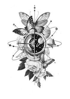 a clock with flowers and butterflies on it's face, surrounded by other things