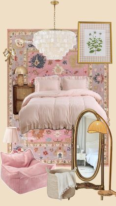 a bedroom decorated in pink and gold with pictures on the wall, bedding, mirror, lamp, rugs and other items