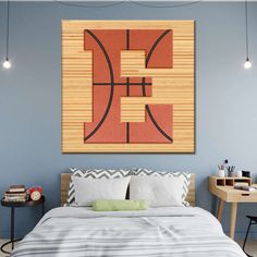 a bedroom with blue walls and a basketball themed painting on the wall above the bed