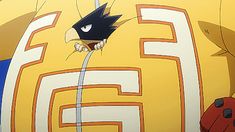 an anime character with black hair and white eyes standing in front of a giant yellow object