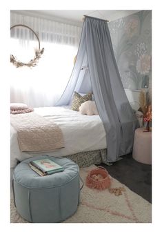 a bedroom with a canopy bed and rugs