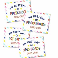 three first day stickers with the words my first day on them