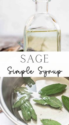 sage syrup in a glass bottle and on a plate