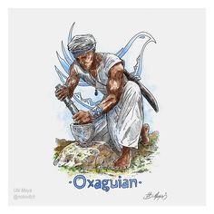 an old man kneeling down with two large scissors in his hand and the words oxagian written on it