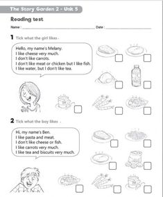 worksheet for reading the story garden 2 unit 5, including food and drinks