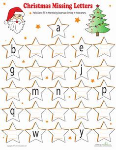 christmas missing letters worksheet with santa's hat on the tree and stars