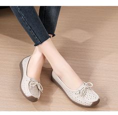 Summer Hollow Genuine Leather Women's Casual Flat Shoes – Dresslittly Lightweight Slip-on Summer Flats, Leather-lined Slip-on Flats For Spring, Spring Leather Sole Slip-on Flats, Summer Slip-on Flats With Stitched Sole, Leather Flats With Textured Sole, Medium Width, Women Casual Flats, Casual Flat Shoes, Casual Flats, Thick Heels