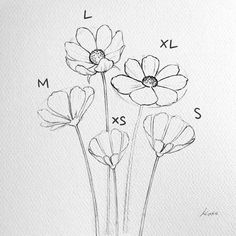 this is a drawing of three flowers on a white paper with the letters l, x, and s