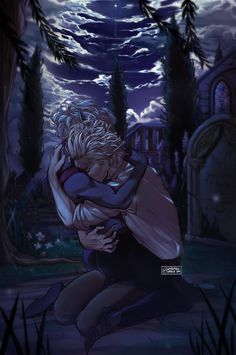 an image of a couple hugging in the moonlight