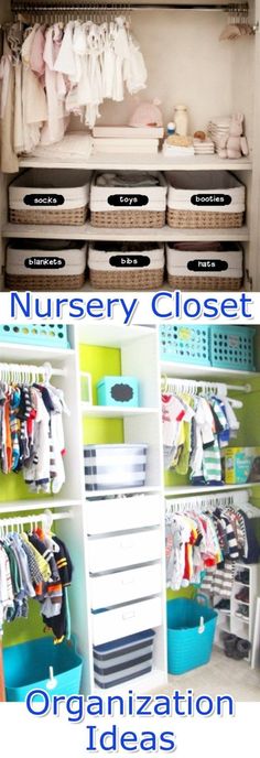 an organized nursery closet with lots of clothes and toys in bins on the shelves