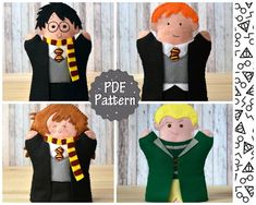 three pictures of harry potter dolls with their names on them, and one is holding his hands up to his head