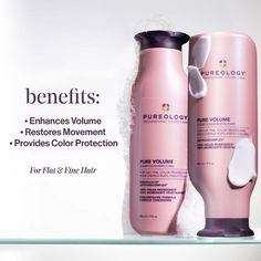 Pureology Pure Volume shampoo and conditioner enhances volume and restores movement to flat, fine color-treated hair with key ingredients Wheat Protein and Eucalyptus Leaf Extract and a signature aromatherapy blend of Pink Grapefruit, Wild Rose, and Cedarwood. Pureology is the #1 Professional Color Care Brand in the US* offering products that feature 100% vegan formulas and are Sulfate-Free, Paraben-Free, Mineral Oil-Free, and free of Animal Products or by-products, and Animal Testing. Our paten Volume Shampoo, Foil Highlights, Waxing Services, Eucalyptus Leaf, Skin Care Cleanser, Pink Grapefruit