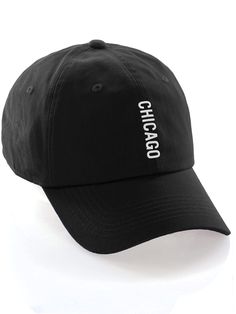 the chicago hat is black with white lettering on it