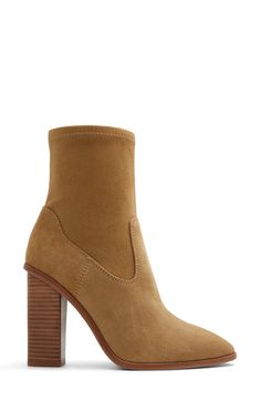 A stretchy shaft adds modern appeal and comfortable wear to a cushioned bootie framed by an almond toe and stacked block heel. 5 1/2" shaft 4" heel Side zip closure Cushioned footbed Leather and textile upper/recycled polyester, textile and synthetic lining/synthetic sole Imported Dark Beige, Bootie, Side Zip, Block Heels, Almond, Nordstrom, Size 6, Heels, Leather