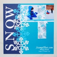 a blue and white christmas card with snowflakes on the front, and an image of a child in winter clothes