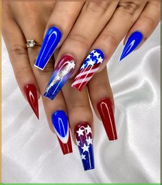 4th Nails, Patriotic Nails Design, Firework Nails, Star Nail Designs, Sheer Nails, Bright Red Nails, Monkey Cake