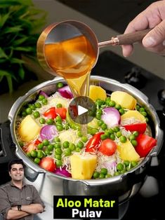 a man is cooking food in a pot on the stove