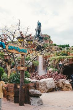 people are standing in front of the entrance to an amusement park with waterfall and trees