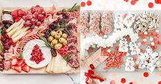 an assortment of food is displayed on a table with candy canes and candies