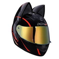 a helmet with a cat's face on the front and yellow tinted lenses