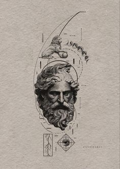 a drawing of an old man's face with beards and other things in the background