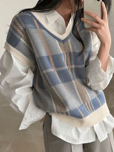 Vintage Checkered V Neck Sweater Vest - AnotherChill Plaid Sweater Vest, V Neck Sweater Vest, Vest Tops Women, Argyle Sweater Vest, Sleeveless Sweater Vest, Vintage Preppy, Plaid Vest, Plaid Sweater, Blue Vests