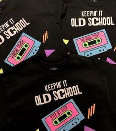 "Keepin It Old School - Mix Tape Retro Music Themed Neon Shirt Current Processing Time is 2-3 days. Then it is shipped on a 3-5 business day delivery. Need it faster? You can upgrade the processing and shipping - T Shirt Expedited Shipping https://etsy.me/3FsnBmn Are you from the Mix Tape generation? I love those things and then add in a little neon, what could be better. This listing is for a personalized gray, black or white t-shirt with neon glitter heat transfer Mix Tape and retro 80's desig Nkotb Shirts Ideas, Retro Black T-shirt For School, Retro Black Top For School, Retro Graphic Print Tops For School, Nkotb Concert Outfit, 90s Shirts Graphic Tees, Nkotb Concert, Zine Inspiration, Nkotb Cruise