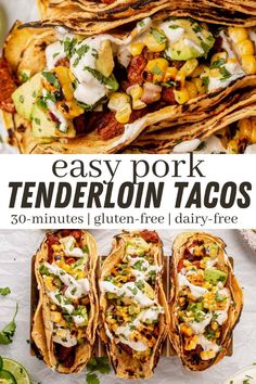 easy pork tenderloin tacos with guacamole and sour cream on top