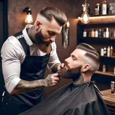 a man getting his hair cut by another man in a barbershop at the same time